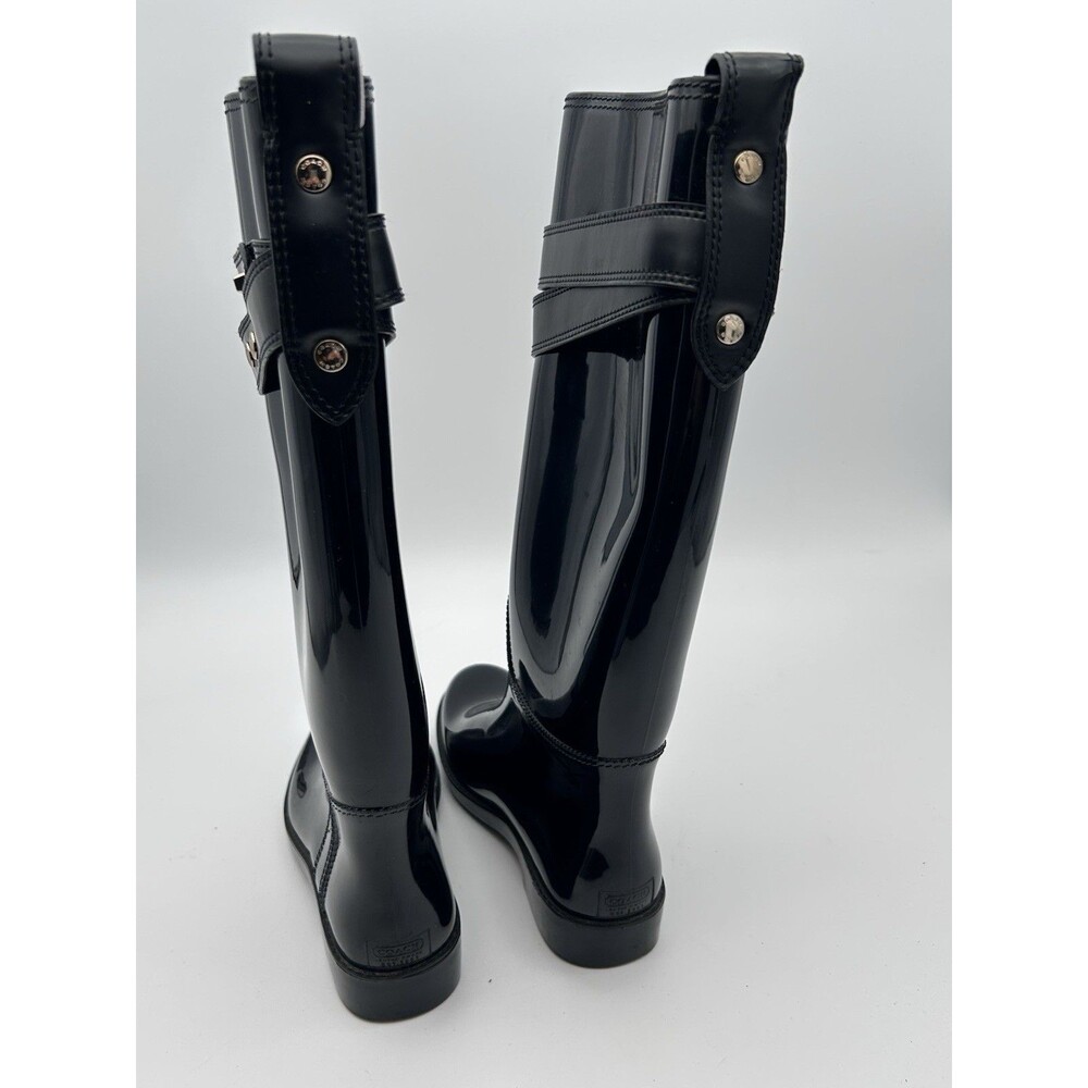 Coach Talia Black Rubber Rain Boots Waterproof Turn Lock Buckle Strap Women’s 7 - Picture 2 of 9